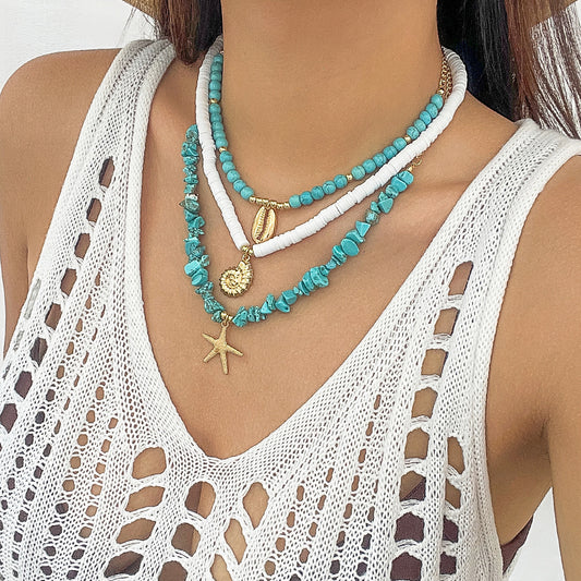 Dolce Collana con Stella Geometrica in Lega di Zinco Placcata con Turchese e Perline per Donna