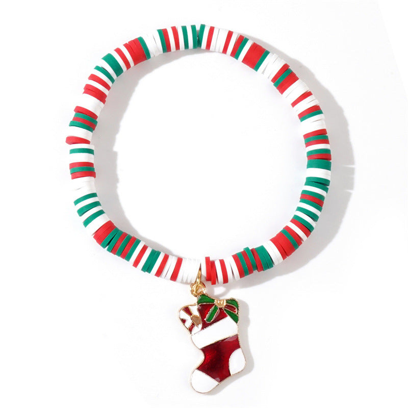 Pulsera con colgante de árbol de Navidad, guante, calcetín y bastón de arcilla polimérica hecha a mano para mujer con diseño de dibujos animados y temática festiva