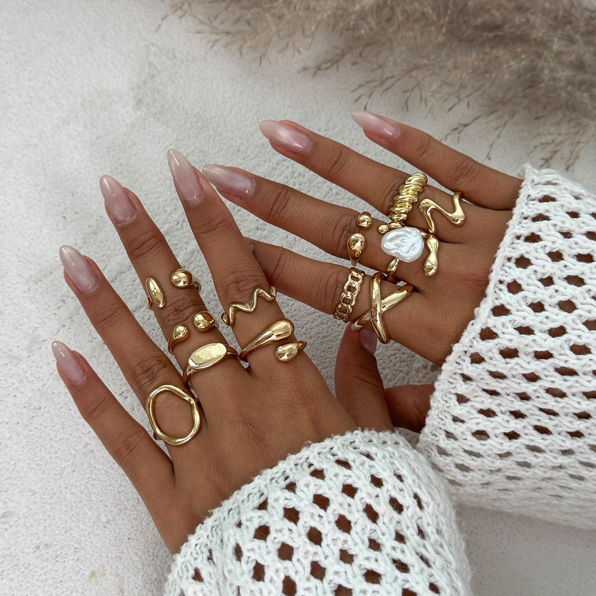 Elegant Baroque Faux Pearl Teardrop Oval Alloy Plated Open Joint Ring Set for Women