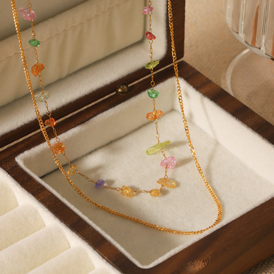 Trendy Geometric Double Layer 18K Gold Plated Stainless Steel Necklace with Colored Crushed Stone for Women