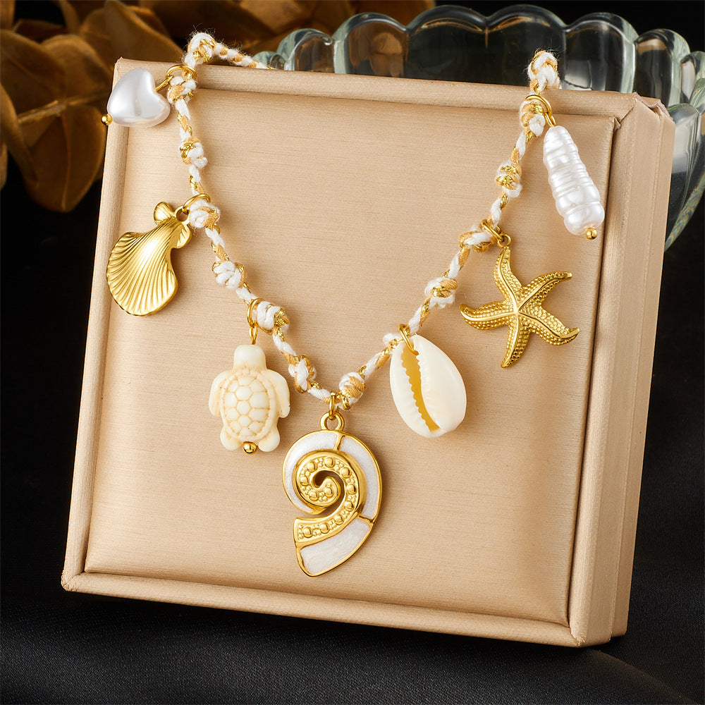 Bohemian Vintage Gold Plated Stainless Steel Rope Chain Necklace and Bracelet Set with Animal Pendant