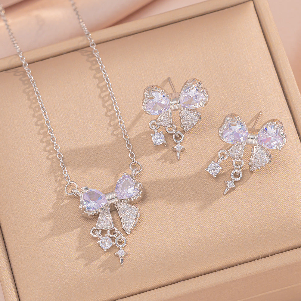 Fashionable Bowknot Pendant Necklace Set for Women in Titanium Steel with Rhinestone Inlay and O-Chain
