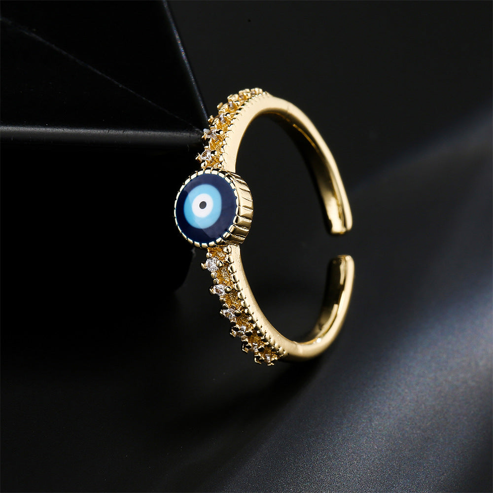 Geometric Evil Eye Open Ring in Copper with 18K Gold Plating and Micro-Pave Zirconia