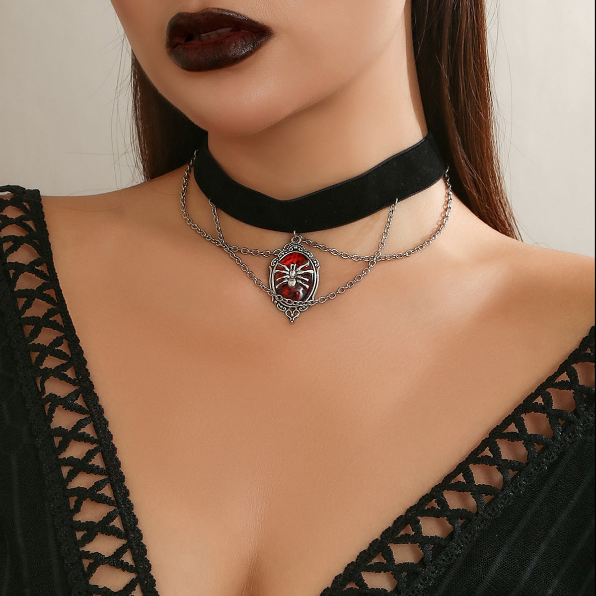 Gothic Vintage Red Velvet Spider Choker Necklace for Women
