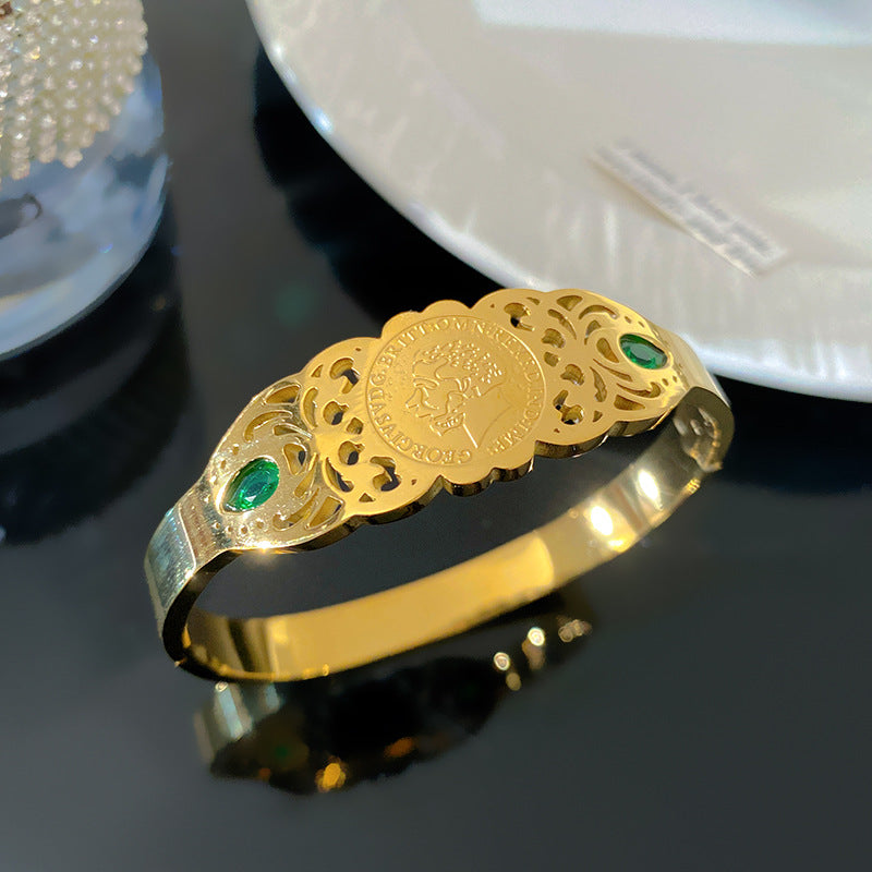 Vintage Ethnic Cubic Zirconia Inlaid Plated Titanium Steel Bracelet