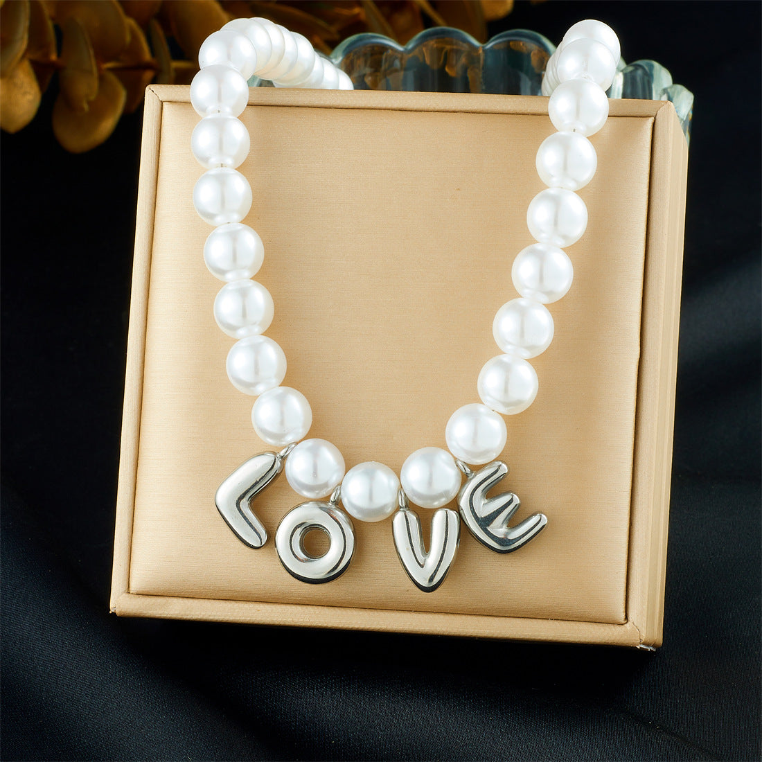 Vintage Elegant Heart Bow Stainless Steel Plated Pearl Ball Chain Necklace for Women