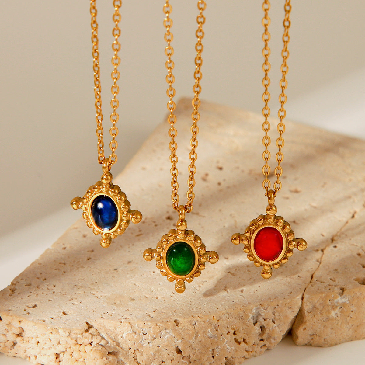 Minimalist Geometric Cross Pendant Necklace in Stainless Steel with Electroplated Finish and Semi-Precious Stone Inlay for Women
