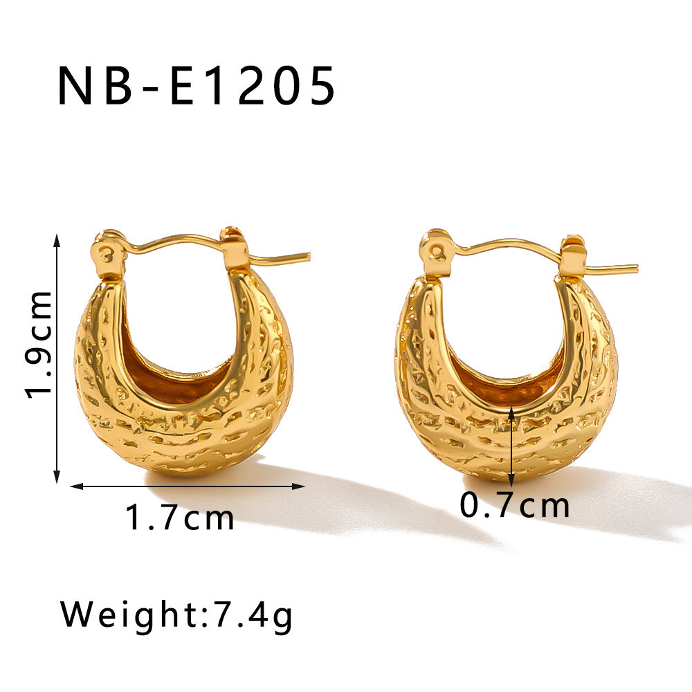 Orecchini a U minimalisti in acciaio inossidabile cavo con trama martellata e placcatura sottovuoto in oro 18 carati da donna