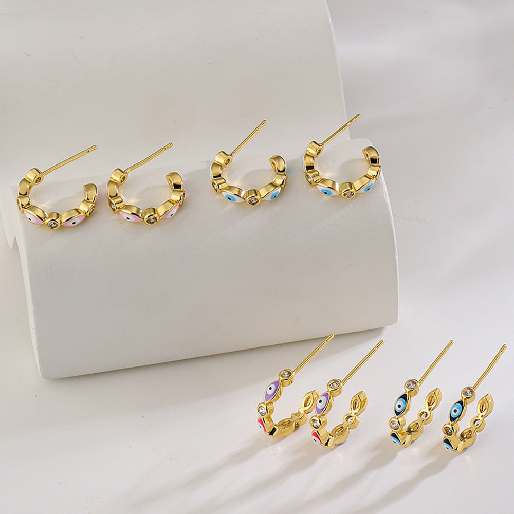 Fashionable Geometric C-Shaped Evil Eye Earrings for Women with Copper Base Plated in 18K Gold and Enamel Finish, Micro-Paved with Zircon