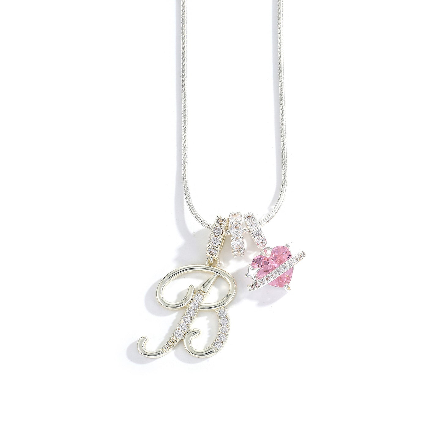 Collana con ciondolo a lettera minimalista in rame con intarsio di zirconi dal design geometrico per donna