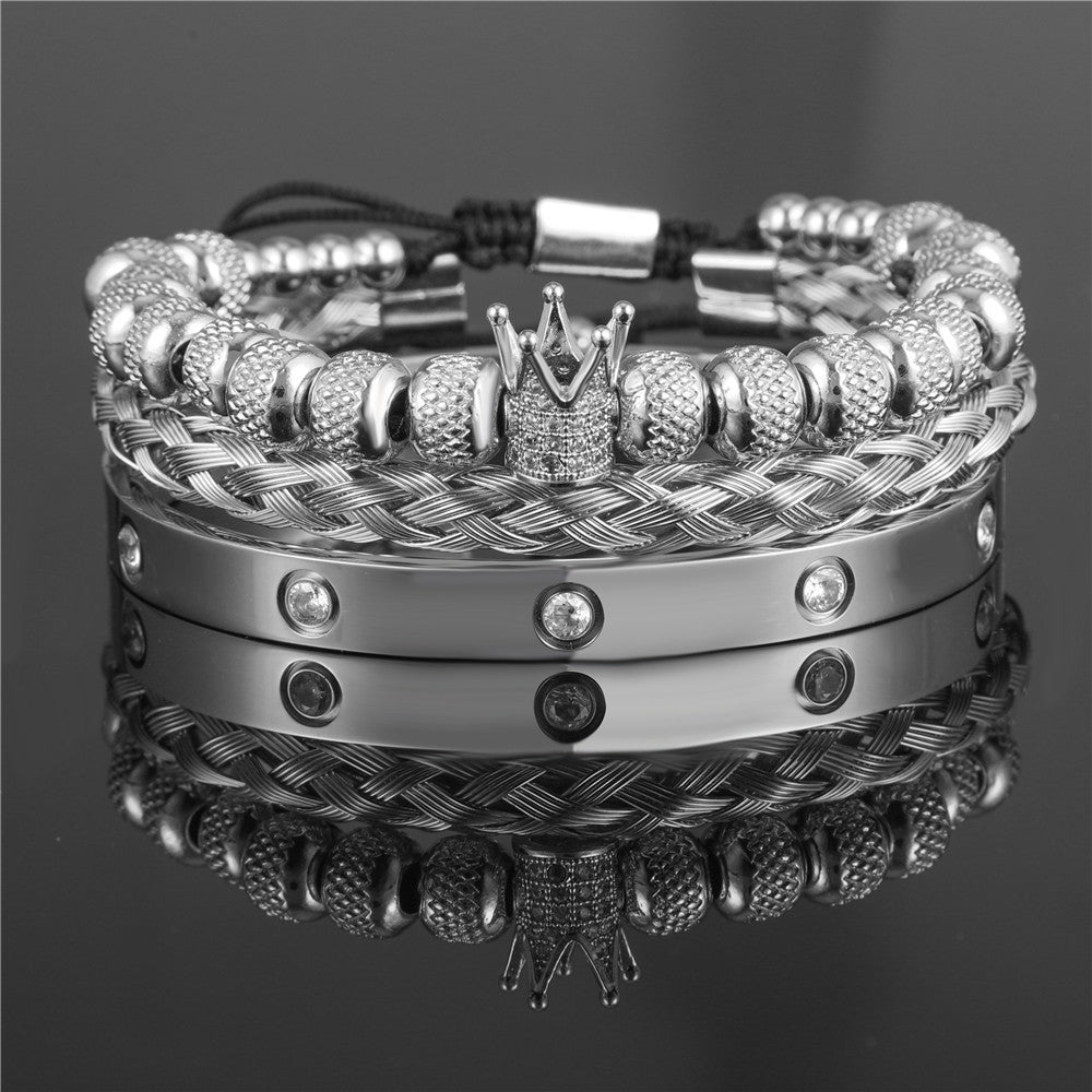 Vintage Crown Geometric Micro-inlay Stainless Steel Mesh Open Cuff Bracelet Set for Unisex