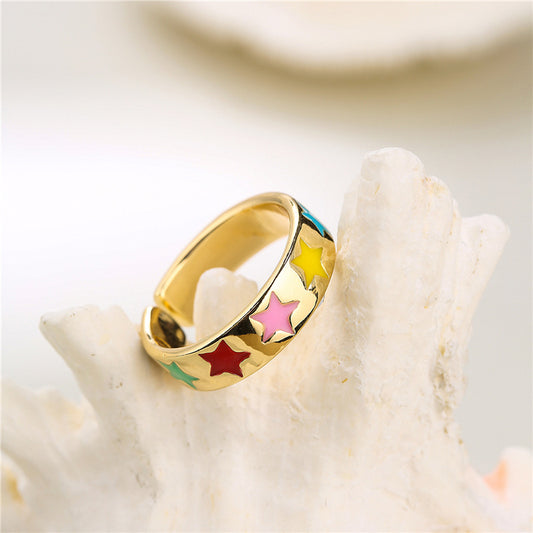 Rainbow Gradient Drip Oil Gold Plated Brass Star Ring for Women