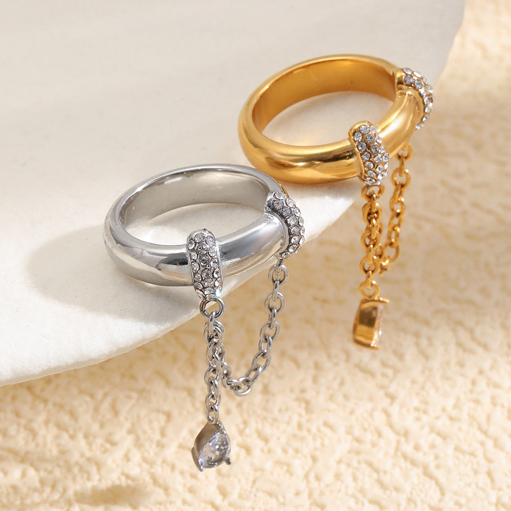 Minimalist Luxury 18K Gold Plated Stainless Steel Geometric Teardrop Ring with Cubic Zirconia and Tassel Chain for Women
