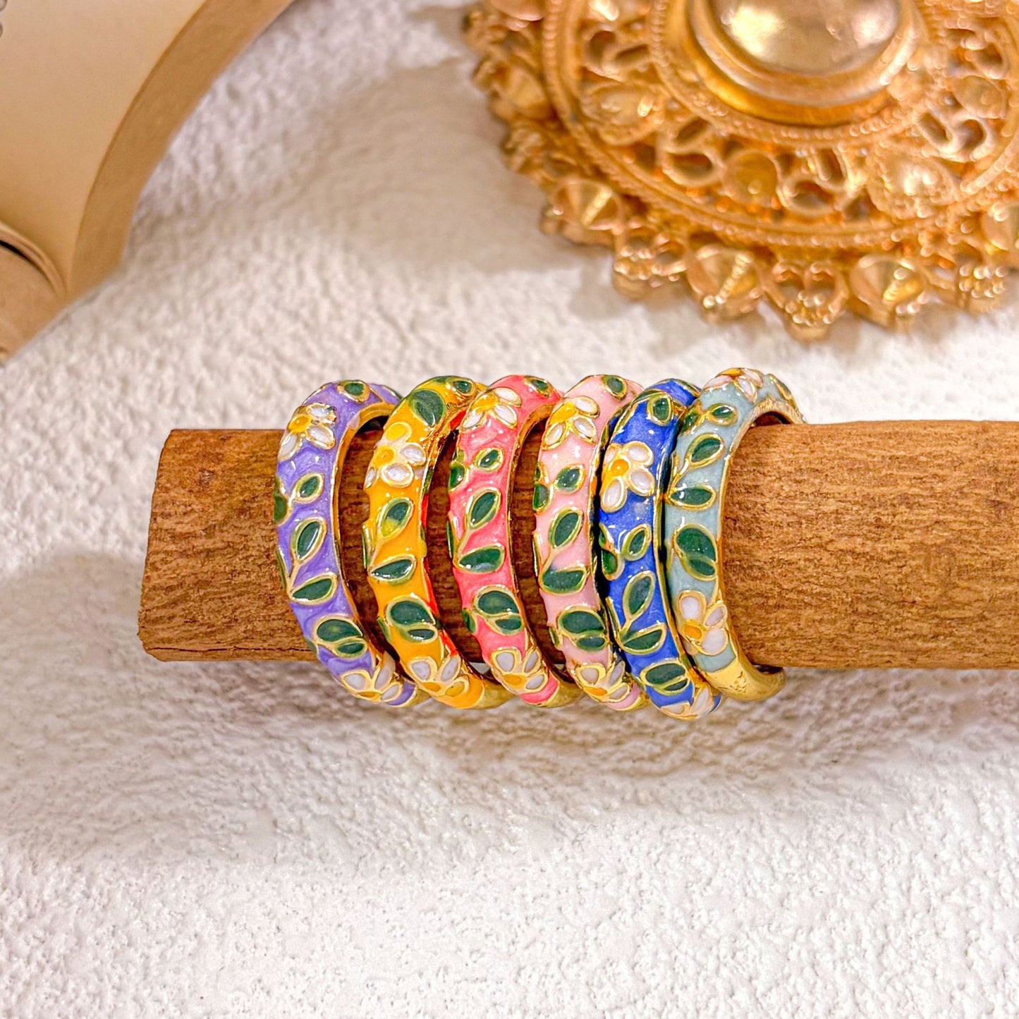 Vintage Sweet Floral Enamel Gold Plated Brass Ring for Women