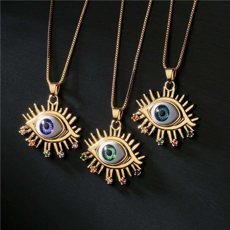 Exaggerated Geometric 18K Gold Eye Pendant Necklace with Box Chain for Women
