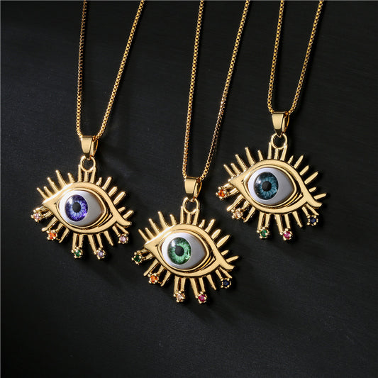 Exaggerated Geometric 18K Gold Eye Pendant Necklace with Box Chain for Women