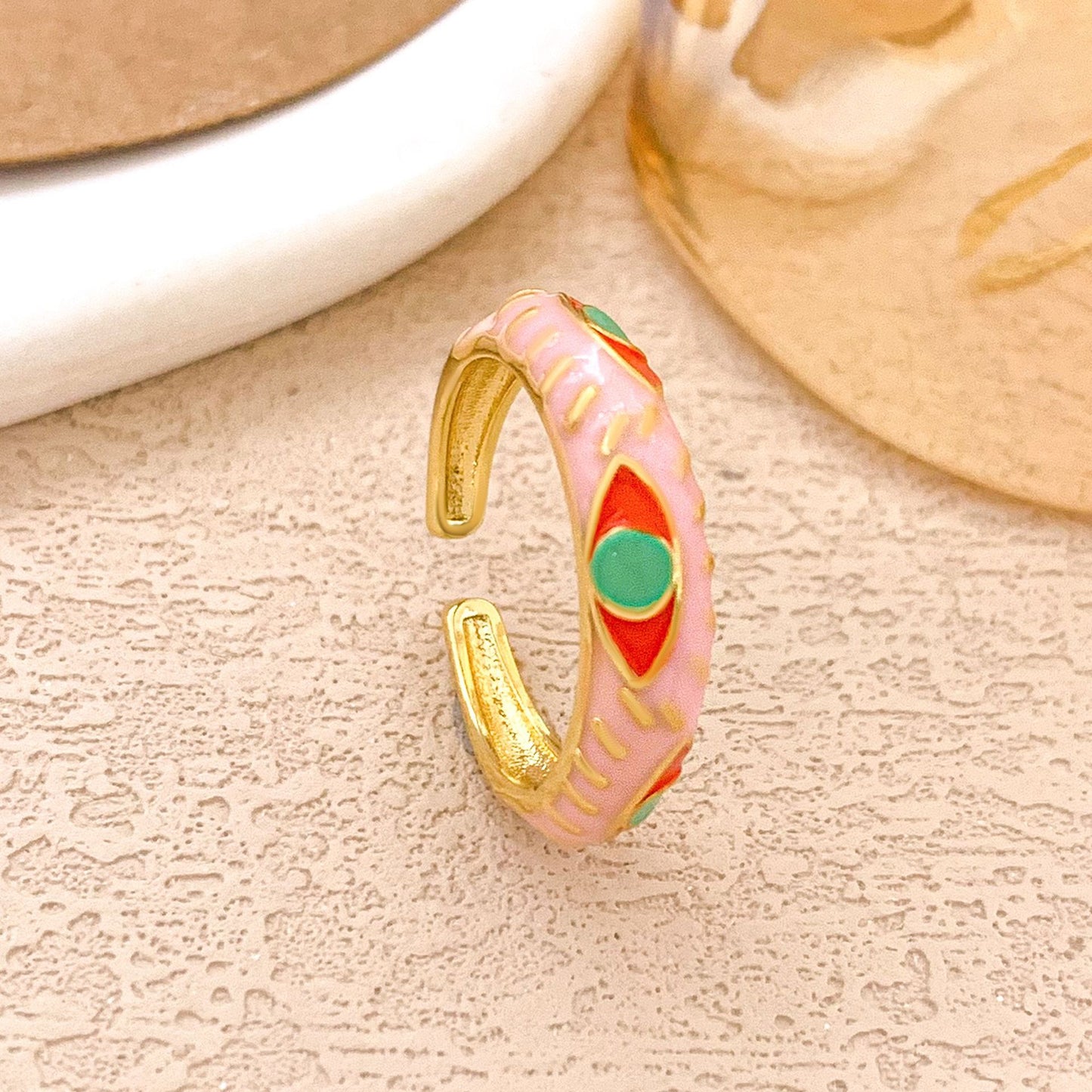 Sweet Alloy Gold Plated Drip Oil Round Oval Ring with Polka Dot Evil Eye Design for Women