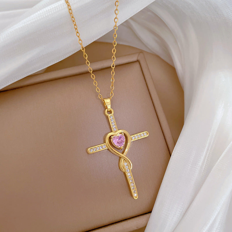 Minimalist Cross Pendant Necklace for Women and Men Stainless Steel Snake Chain with Rhinestone Inlay and Moon Motif