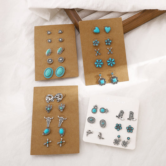 Juego de pendientes geométricos étnicos vintage con forma de corazón y flor, de aleación con incrustaciones de turquesa y acabado chapado