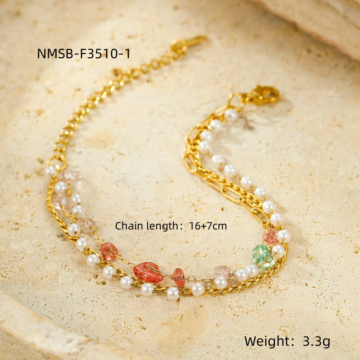 Fashionable Minimalist Stainless Steel Triple Chain Bracelet with Natural Stone Accents and Adjustable Closure for Women