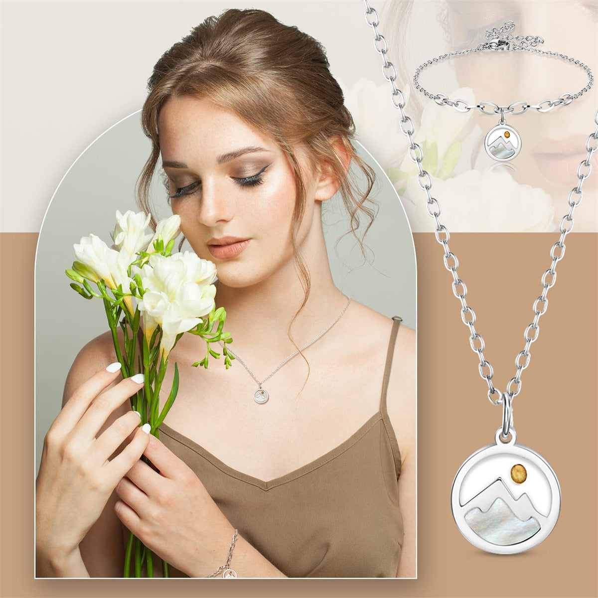 Conjunto de collar y pulsera redondos minimalistas naturales para mujer en acero inoxidable con dije de titanio pulido en cadena tipo O