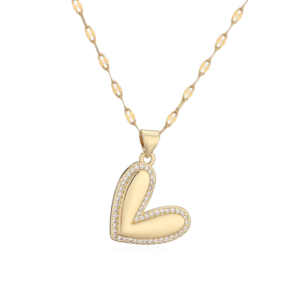 Minimalist Gold Plated Brass Heart Pendant Necklace with Cubic Zirconia for Women
