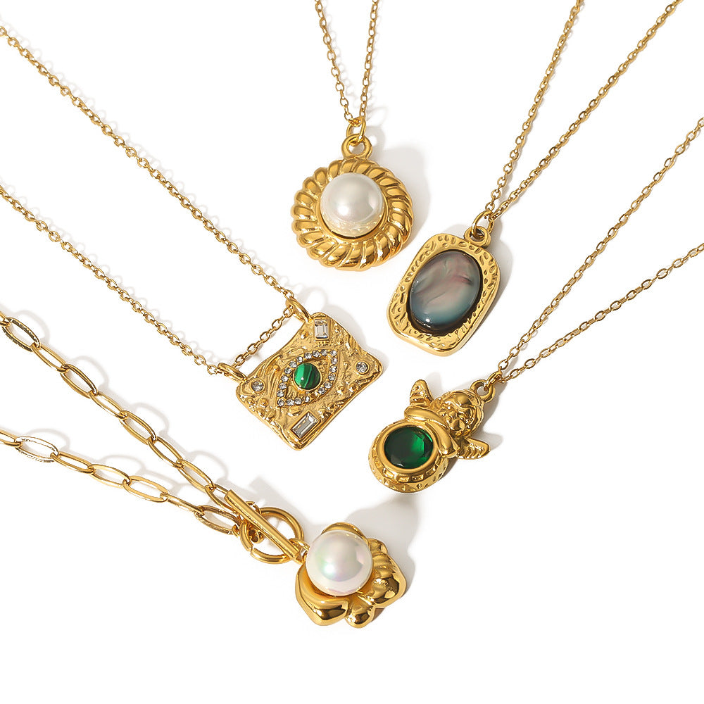 Collana Minimalista Geometrica in Acciaio Titanio con Pendente di Perla d'Acqua Dolce su Catena O, Placcata Sottovuoto in Oro 18K