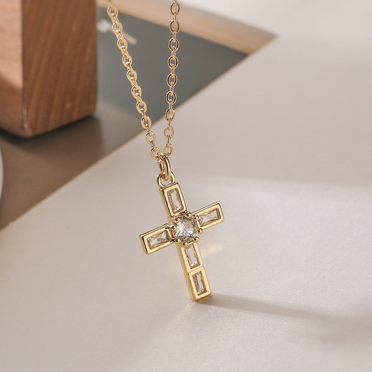 Minimalist Elegant 18K Gold Plated Brass Cross Pendant Necklace with Cubic Zirconia for Women