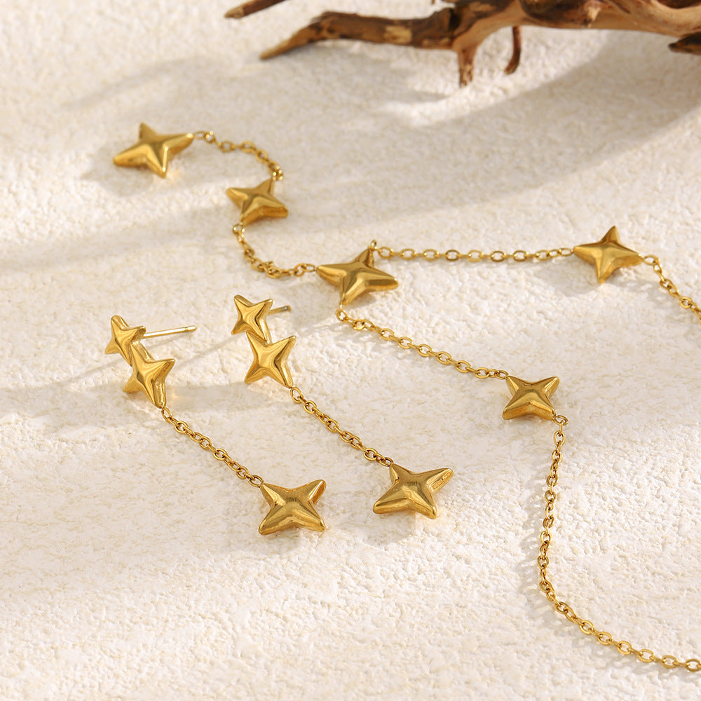 Minimalist Geometric Four-Pointed Star Pendant Necklace with Stainless Steel Chain and 18K Gold Plating for Women