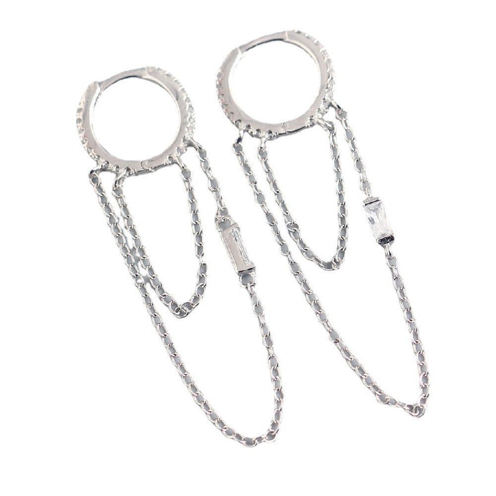 Luxury Elegant 925 Sterling Silver Geometric Square Rhinestone Inlay Cable Chain Tassel Hoop Earrings for Women