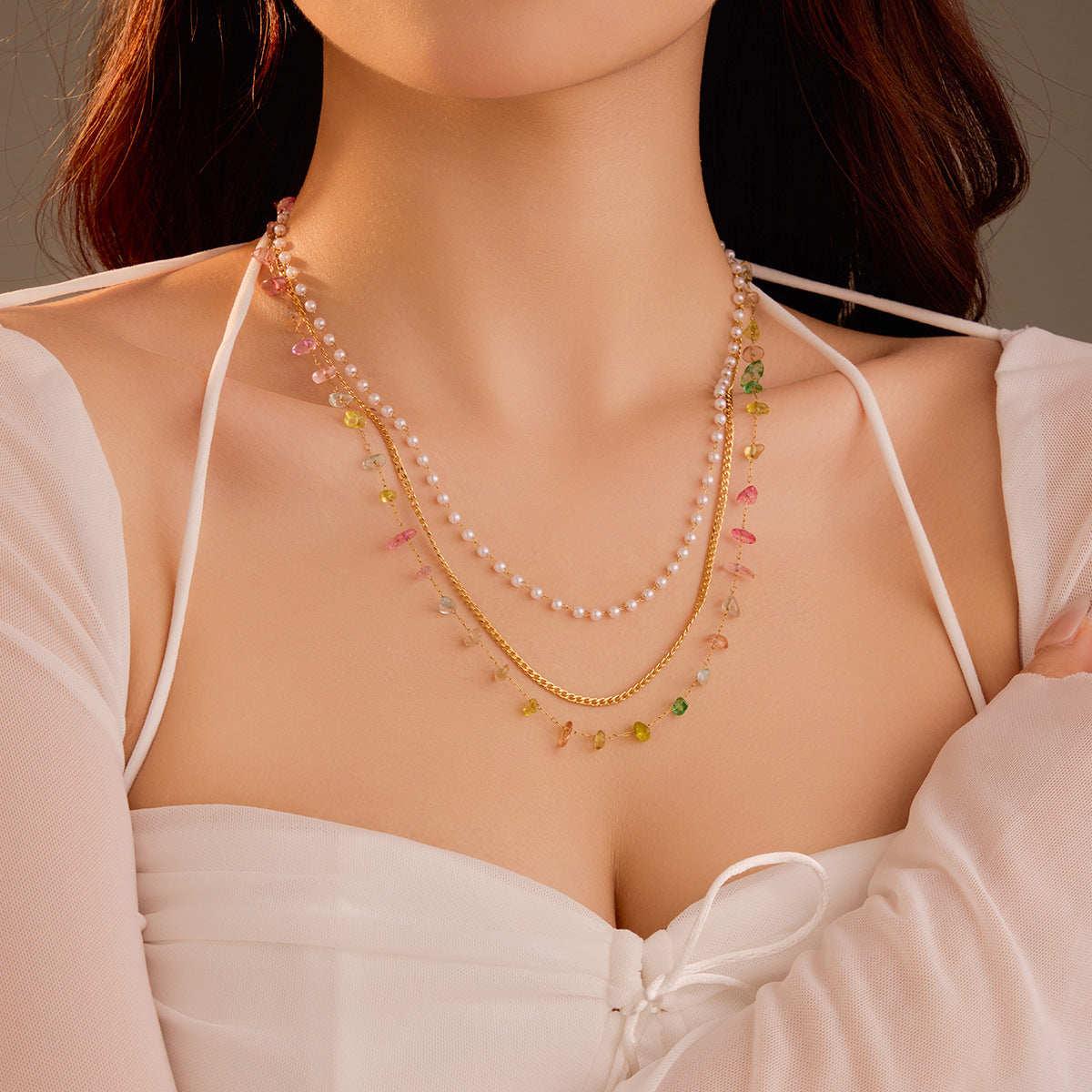 Fashionable Minimalist Multi-Chain Pearl and Colored Rhinestone Pendant Necklace in Stainless Steel with 18K Gold Plating for Women