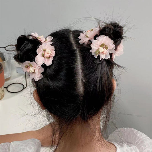 Set di elastici per capelli floreali a doppio strato in chiffon con volant, stile principessa, per bambine, fatti a mano