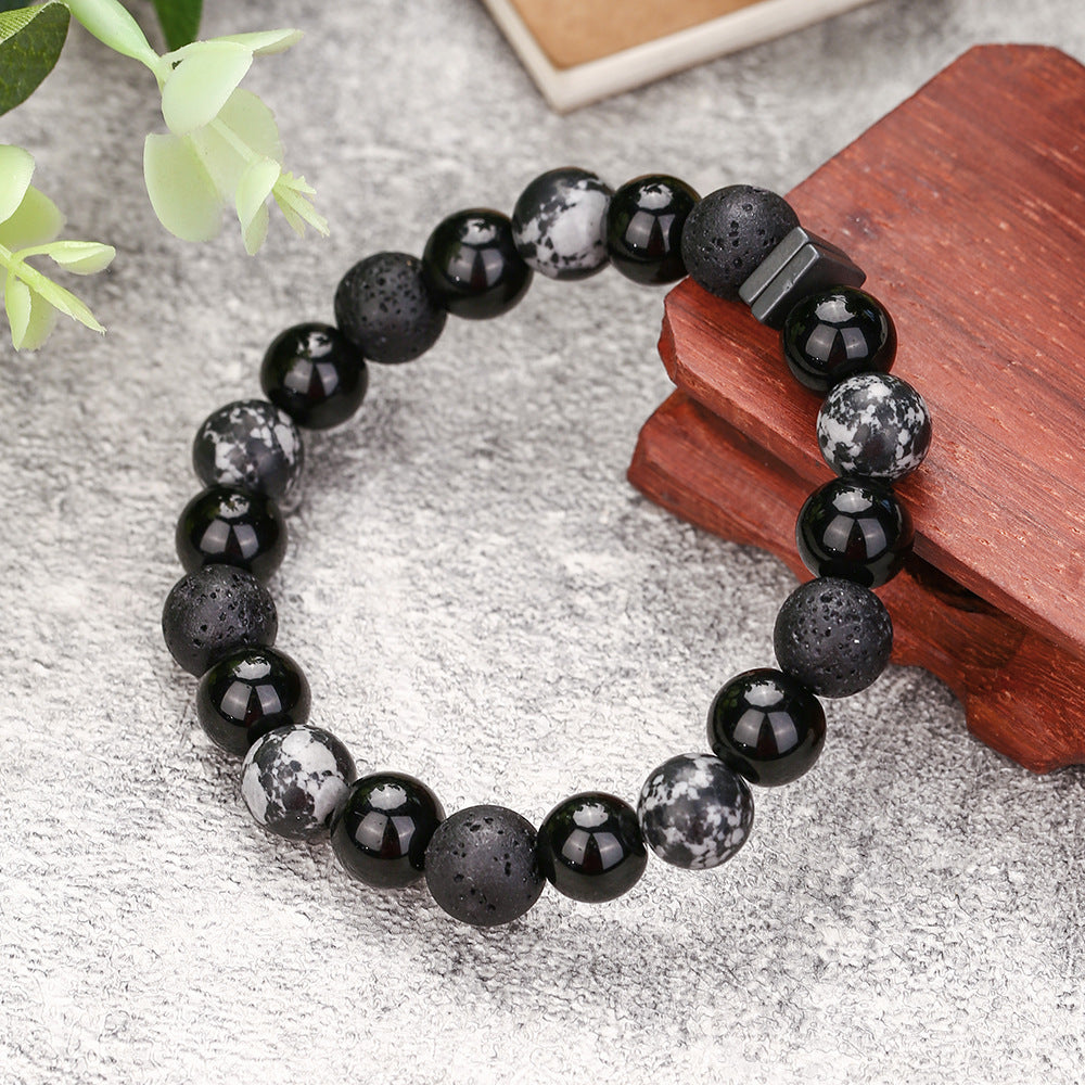 Ethnic Handmade Geometric Round Stone Bracelet with Snowflake Volcanic Stone and Hematite for Unisex