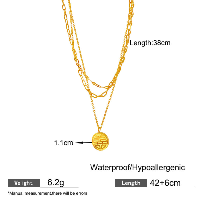 Minimalist Round Double Happiness Letter Titanium Steel PVD Necklace for Unisex