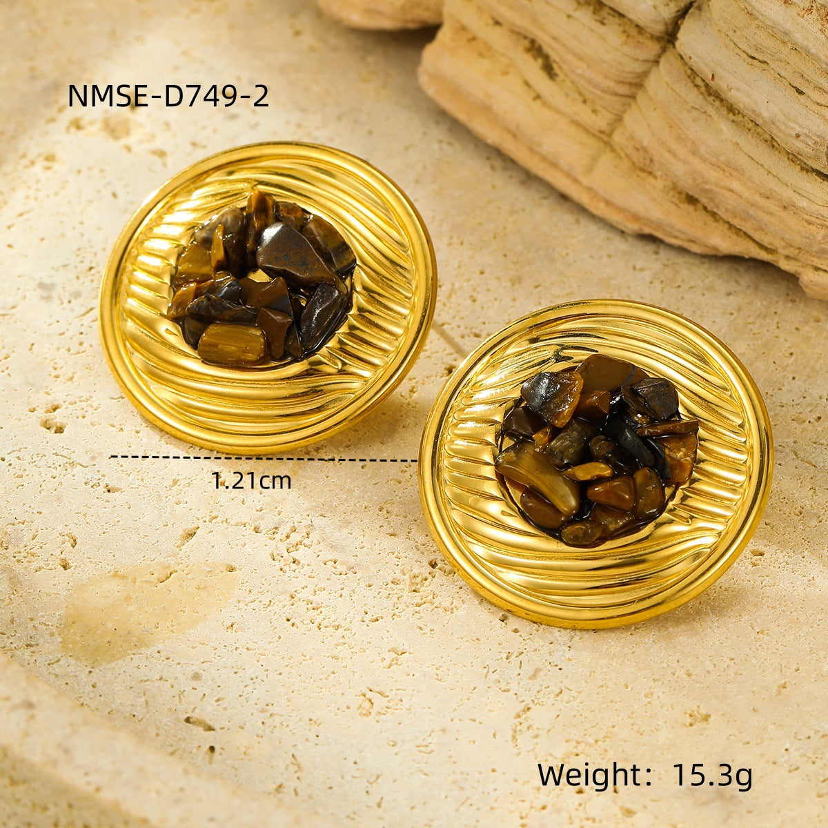 Pendientes de botón minimalistas redondos de acero inoxidable con incrustaciones de piedra natural y acabado chapado