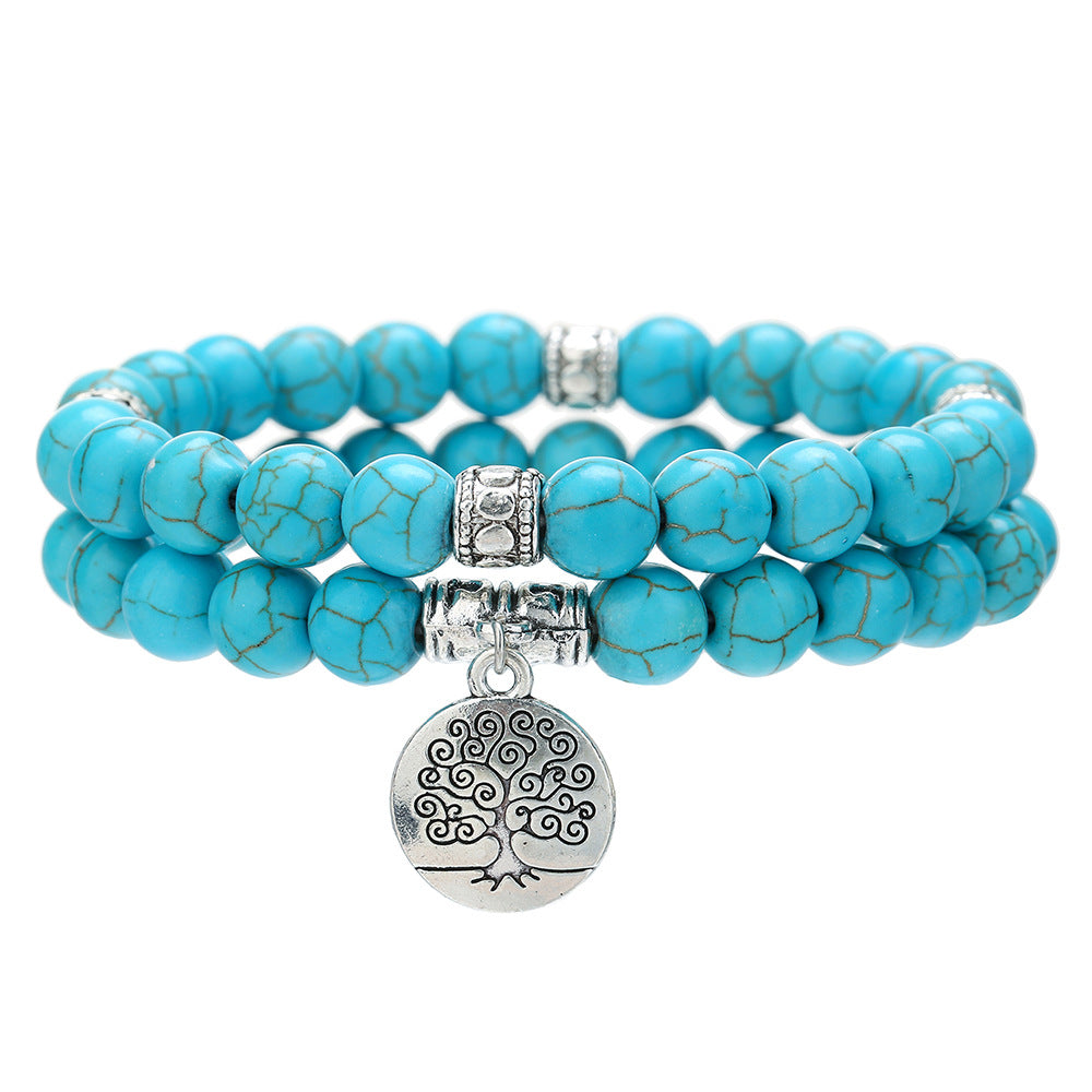 8mm Round Turquoise Alloy Bracelet Set Unisex World Tree Design