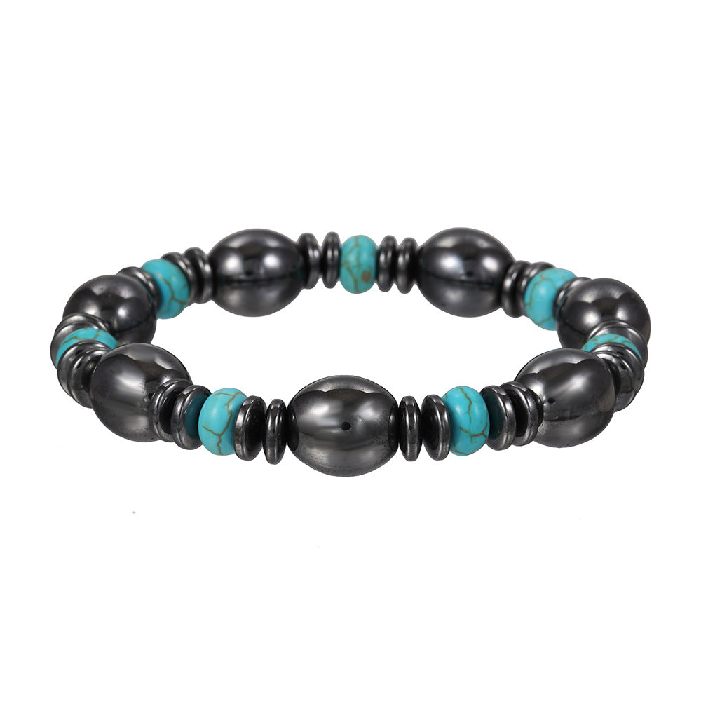 Vintage Handmade Geometric Round Hematite Bracelet with Turquoise Inlay for Unisex