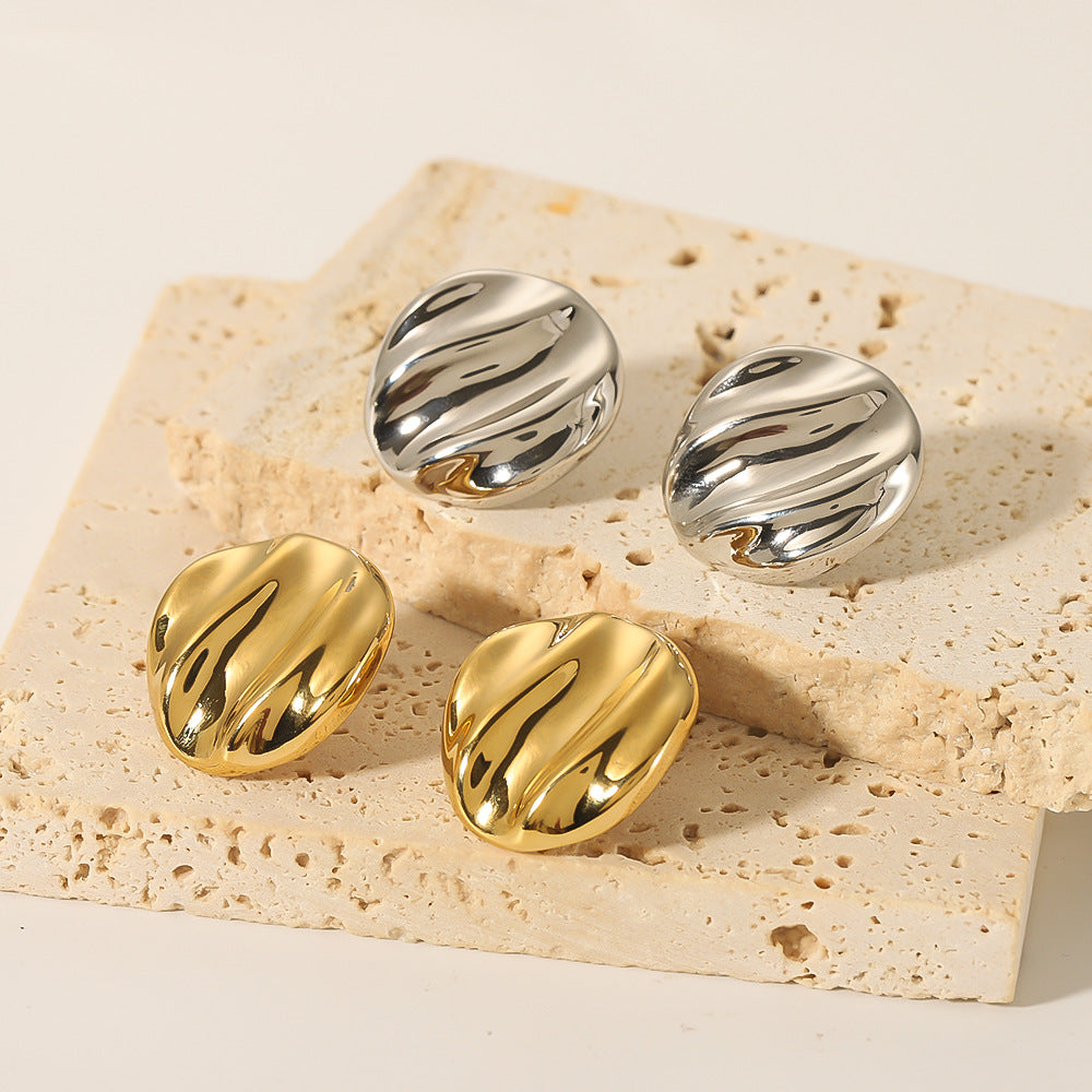 Ins Style Wavy Textured Round Titanium Steel Earrings with Gold Plating for Women