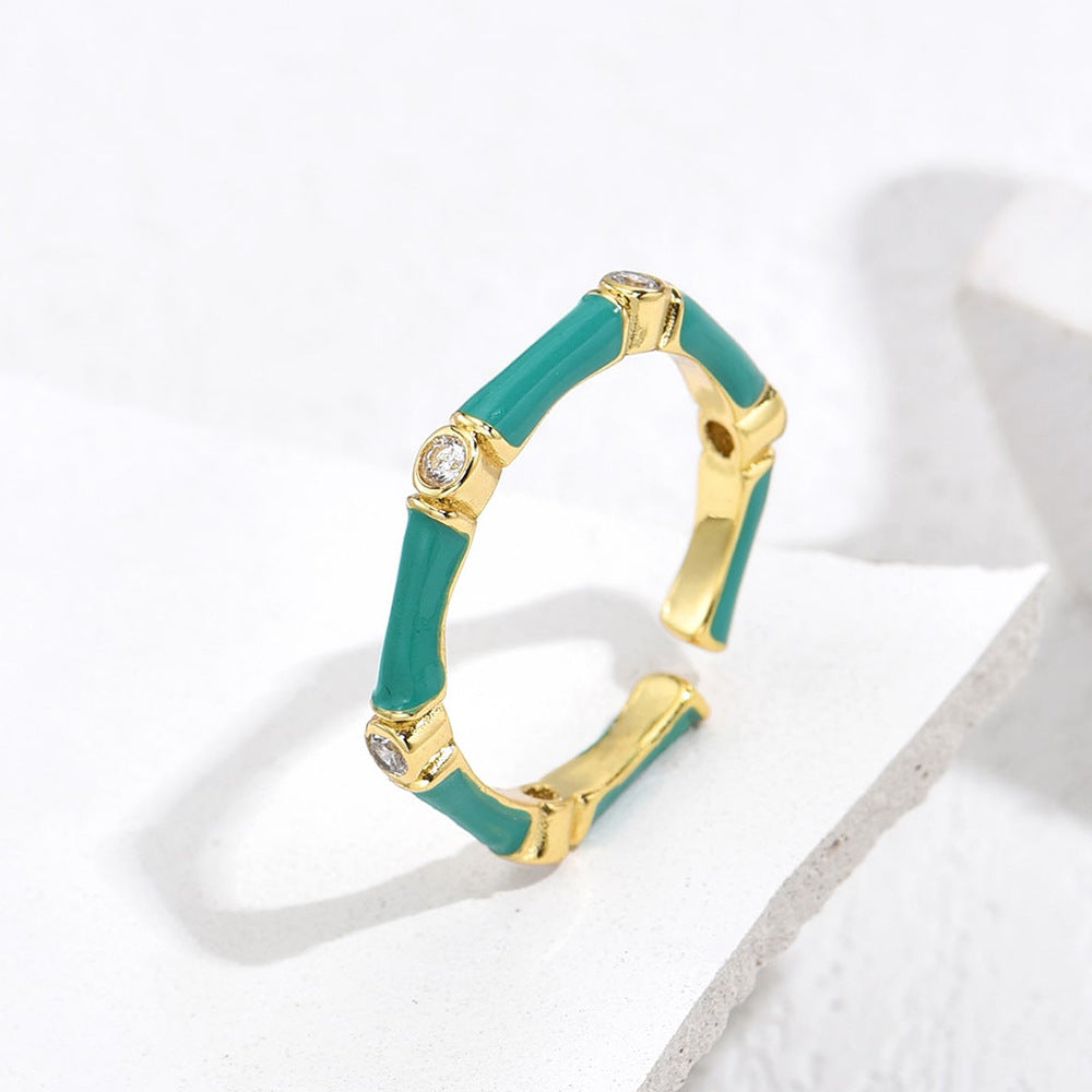Elegant French-Style Geometric Copper Ring with Real Gold Plating and Enamel Zirconia for Women
