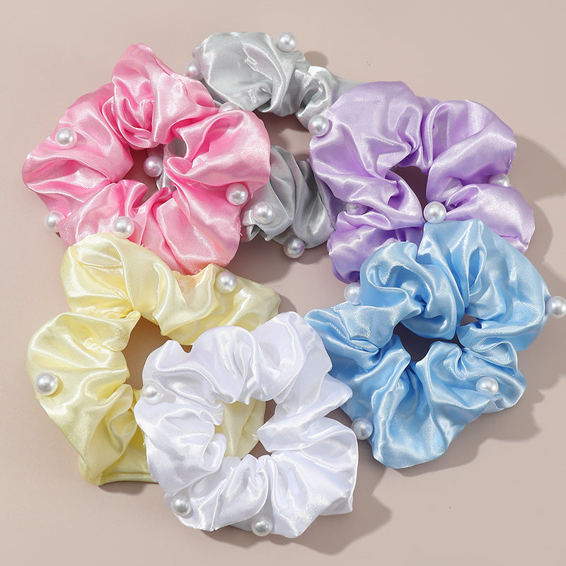 Set di Elastici per Capelli in Tessuto con Perle e Finitura Satinata Colori Caramella per Bambini