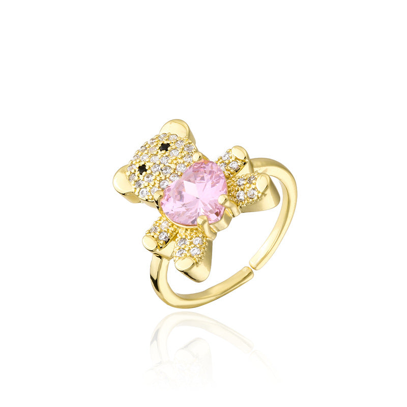 INS Style Adjustable Open Ring with Bear and Heart Motif in Copper with Micro-Pave Setting
