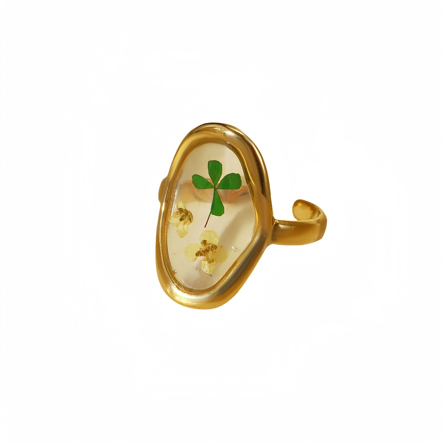 Anello da donna minimalista con quadrifoglio in acciaio inossidabile, finitura placcata e design a fascia aperta