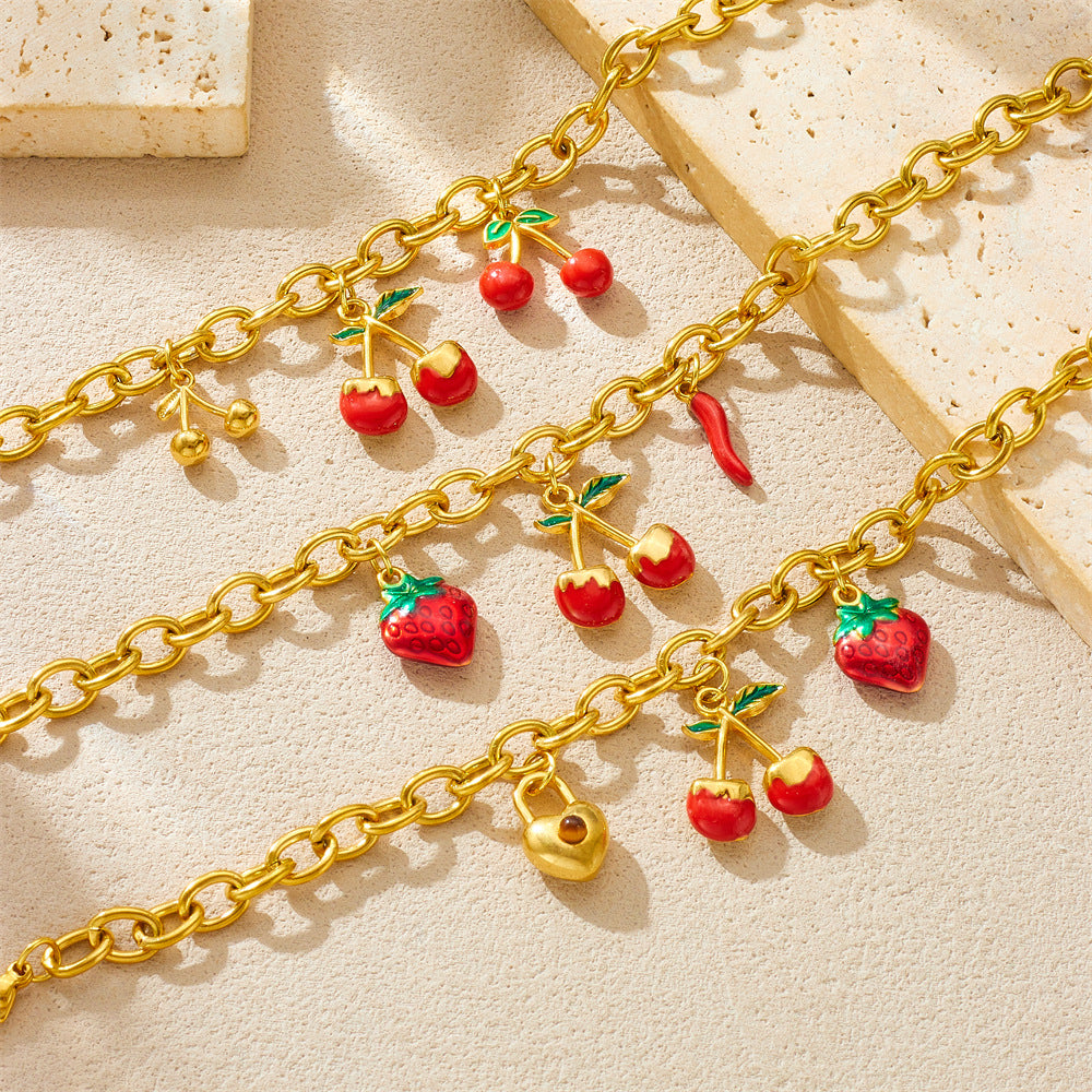 Bracciale da donna con ciondolo a lucchetto a cuore in ciliegio, stile dolce foresta, in acciaio inossidabile placcato oro, gioielli estivi