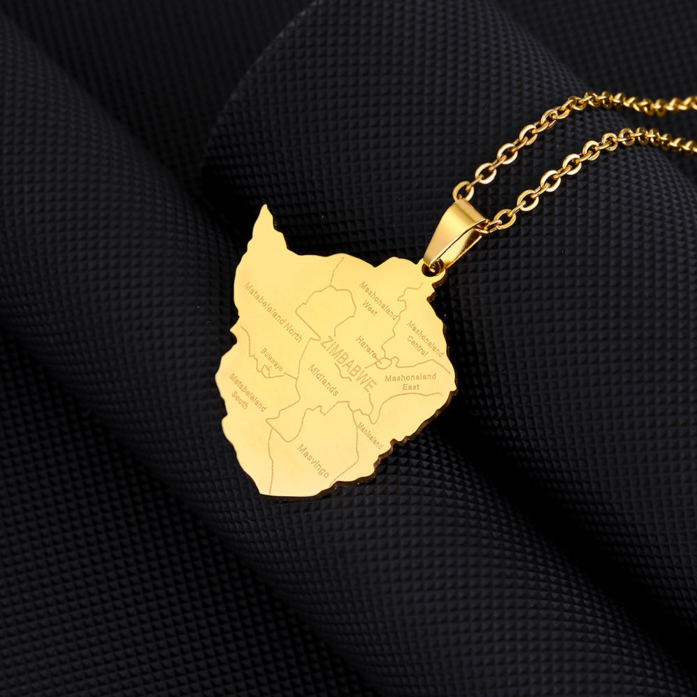Collana pendente con mappa della città di Zimbabwe in stile etnico geometrico in acciaio inossidabile con ciondolo in acciaio al titanio e finitura galvanica su catena a O