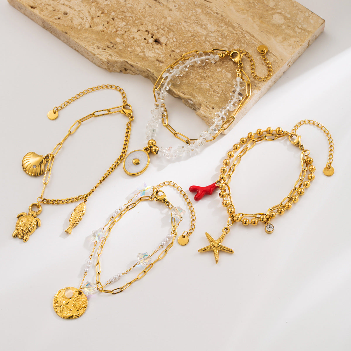 Pulsera de mujer con colgante de estrella de mar y tortuga estilo vacaciones en acero inoxidable con incrustaciones de diamantes de imitación