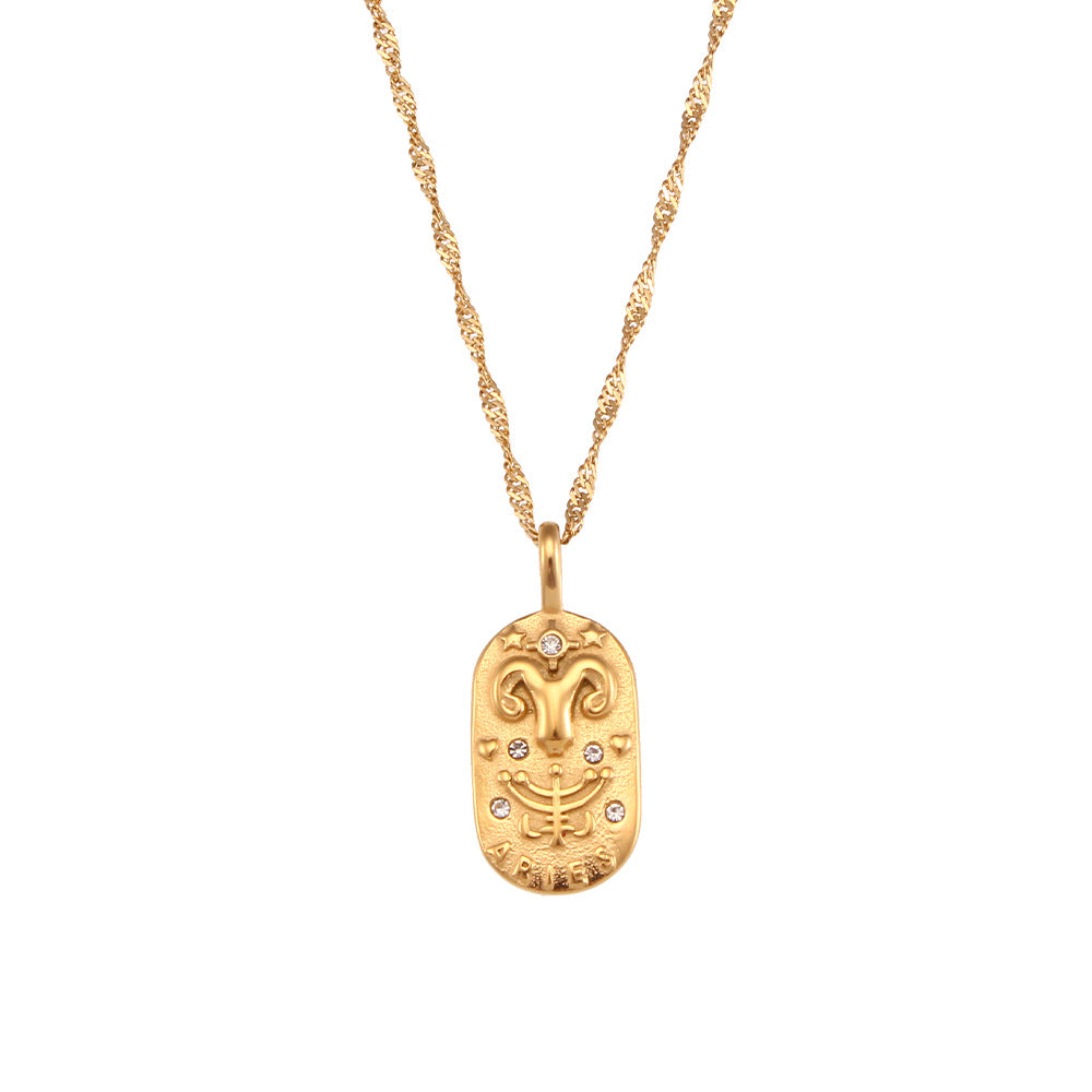 Collana con Pendente Zodiacale Retrò Minimalista in Acciaio Inossidabile con Intarsio di Strass da Donna