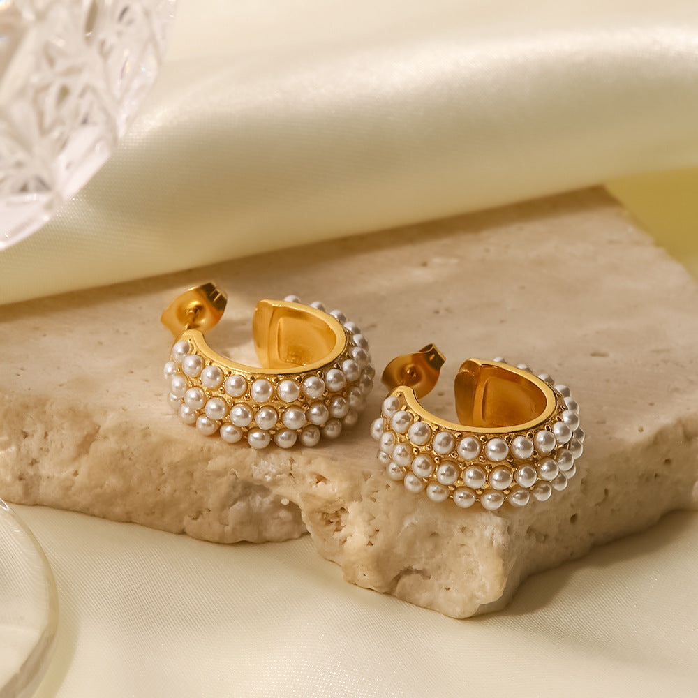 Pendientes Minimalistas Geométricos de Acero de Titanio con Chapado en Oro de 18K e Incrustaciones de Perlas Blancas para Mujer