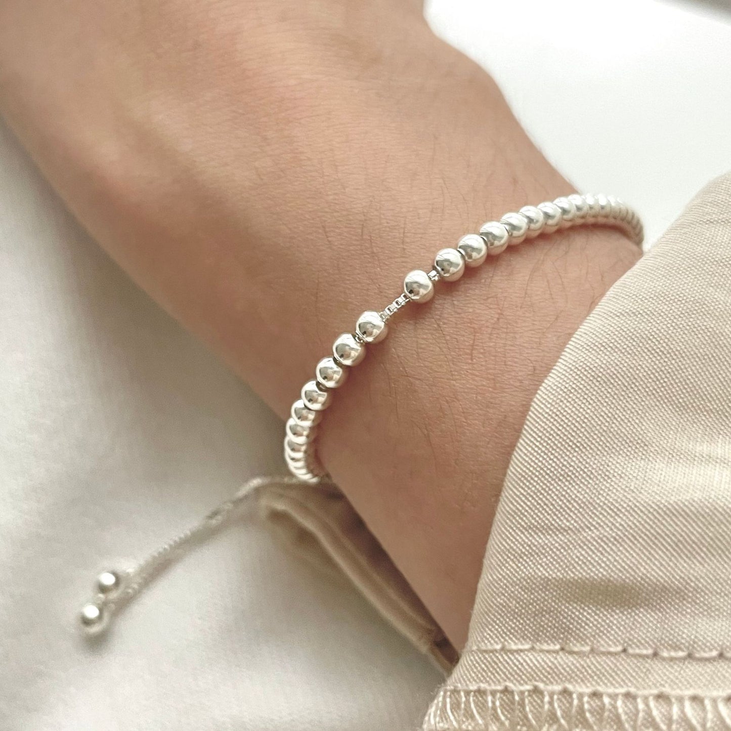 Adjustable 925 Sterling Silver Round Bead Ball Chain Bracelet for Women