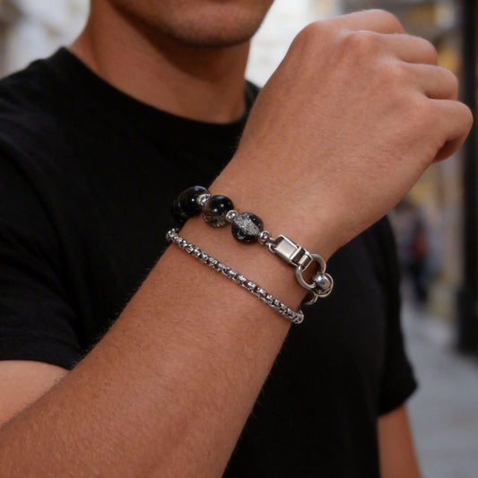 Minimalist Hip-hop Double Layer Stainless Steel Cable Chain Bracelet with Crackle Beads