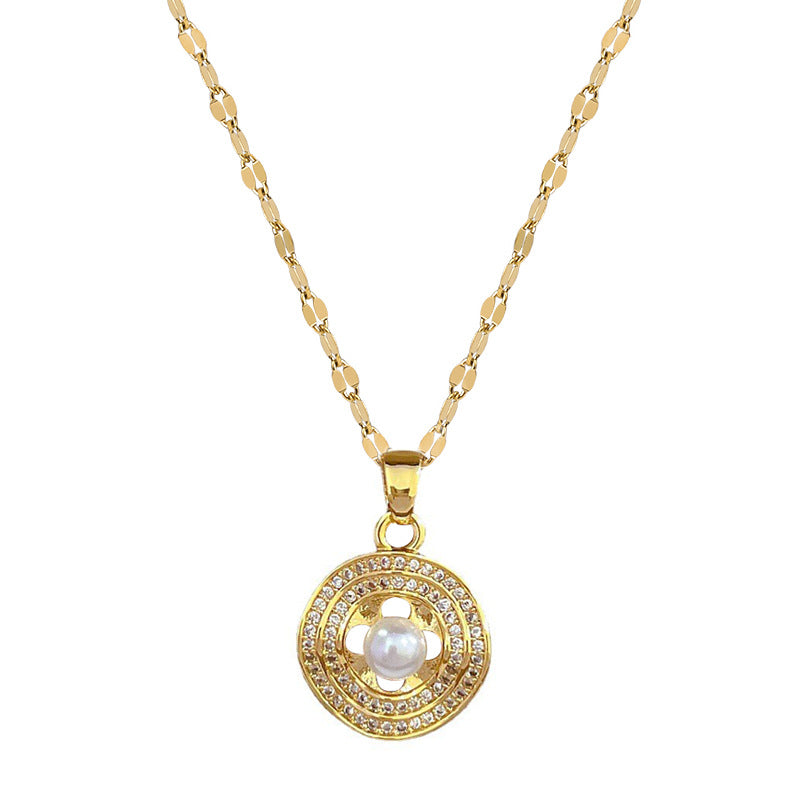 Set Minimalista di Collana e Orecchini con Perle Rotonde in Acciaio al Titanio con Finitura Placcata per Donna